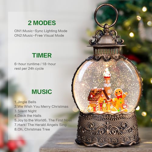 Christmas Snow Globes Lantern, Gingerbread Man Musical Snow Globes with Swirling Glitter Effects, USB/Battery Powered with 6-Hour Timer, Christmas Decorations - color: Gingerbread Man