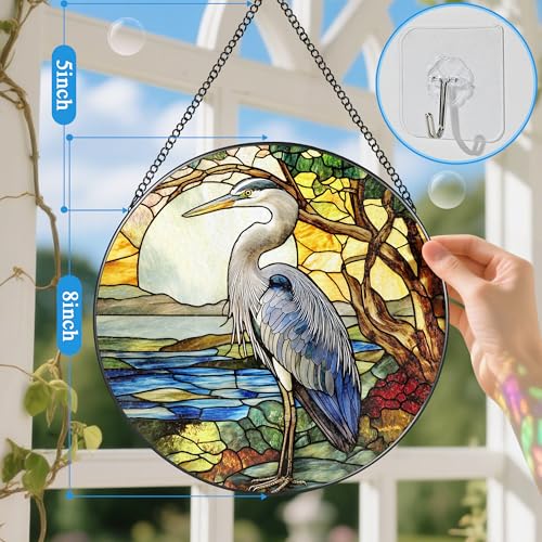 Stained Glass Window Hanging, 8 Inch Blue Heron Suncatcher Ornament, Stained Glass Suncatchers for Windows Hanging, Christmas, Mother's Day, Birthday, Bird Lover Gifts for Mom, Grandma, Women & Men - color: Heron