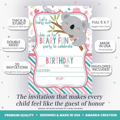 Amanda Creation Koala Birthday Invitations, 20 Pack 5x7 Fill-In Koala Party Invitations with White Envelopes, Let's Hang Out Cute Bear Birthday Cards, Made in USA - color: Let's Hang Out Cute Koala Bear