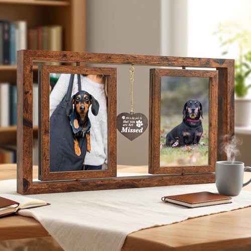 ATOBART Pet Memorial Gifts Twin Rotating Wooden Picture Frames - color: Brown