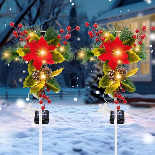 2 Pack Solar Christmas Decorations Outdoor, 32 Inch Solar Christmas Cross Stake Lights, Waterproof Grave Decorations with Poinsettia Flower Pinecones Red Berries for Garden Yard Patio Lawn Cemetery - style: 2 Pack Poinsettia Cross