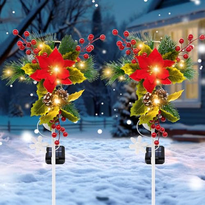 2 Pack Solar Christmas Decorations Outdoor, 32 Inch Solar Christmas Cross Stake Lights, Waterproof Grave Decorations with Poinsettia Flower Pinecones Red Berries for Garden Yard Patio Lawn Cemetery - style: 2 Pack Poinsettia Cross