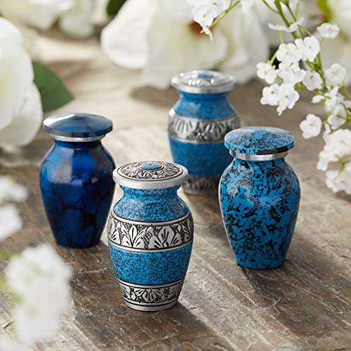 Reminded Small Cremation Urns for Human Ashes, Mini Keepsake Set of 4 Blue and Silver with Velvet Case - color: Blue