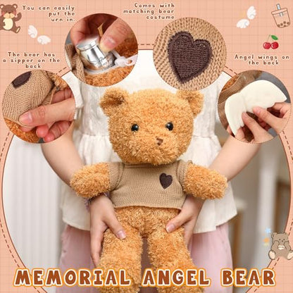 Kenning Cremation Keepsake Urn for Ashes Set, Memorial Bear with Mini Urn & Spoon, Acrylic Heart Memorial Plaque, Angel Wing Bracelet, Sympathy Bereavement Gift for Loss of Loved One or Pet (Brown) - size: Brown