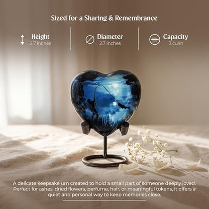 Gone Fishing Heart Urn for Human Ashes Adult Male Female - Small Keepsake Heart Shaped Cremation Urn for Dad, Men - Blue Decorative Memorial Urn with Stand, Velvet Bag and Funnel - size: Small Heart