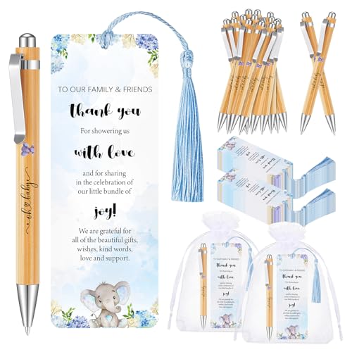 50 Sets Baby Shower Favors for Guests, Includes Bamboo Ballpoint Pens Thank You Bookmarks Organza Bags Baby Shower Party Favors Gender Reveal Gifts for Guest Game Prizes Souvenirs Return Gifts (Blue) - color: Blue Elephant