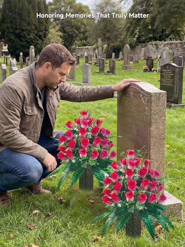 Mirevielyn 2 Pack 24-Stem Artificial Rose Cemetery Flowers with Vases - color: Pink