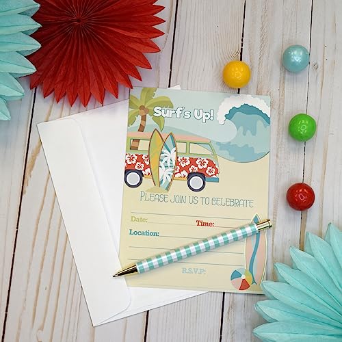 Chasing A Wave Summer Surfs Up Fun Birthday Party Invitations, 20 5x7 Fill In Cards with Twenty White Envelopes by AmandaCreation - style: Chasing A Wave Summer Surfs