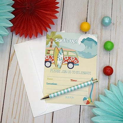 Chasing A Wave Summer Surfs Up Fun Birthday Party Invitations, 20 5x7 Fill In Cards with Twenty White Envelopes by AmandaCreation - style: Chasing A Wave Summer Surfs