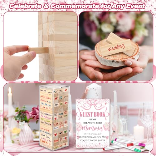 Beeveer 80 Pcs Wedding Guest Book Alternative Wooden Block Guest Book for Wedding Sign in Bridal Shower Decoration 54 Pcs Wooden Block Bridal Shower Game for Sign in, Reception(Pink Bow) - style: Pink Bow