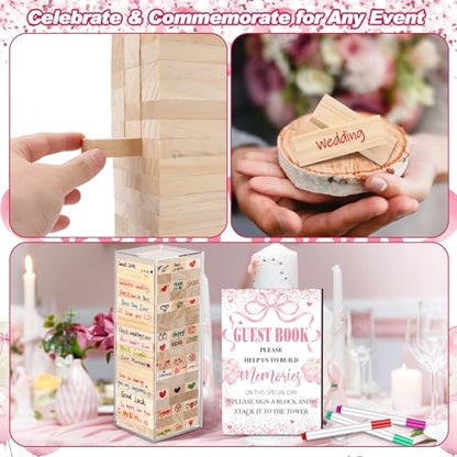 Beeveer 80 Pcs Wedding Guest Book Alternative Wooden Block Guest Book for Wedding Sign in Bridal Shower Decoration 54 Pcs Wooden Block Bridal Shower Game for Sign in, Reception(Pink Bow) - style: Pink Bow