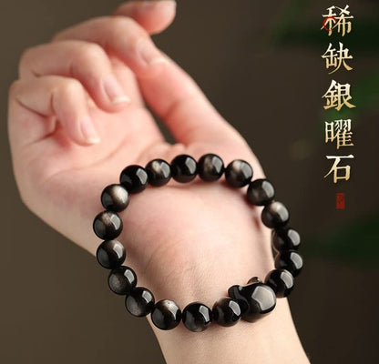 Pingyongchang Natural Black Obsidian Bracelet, Crystal Cat Beaded Bracelets for Women Men, Stretch Bracelet 8mm Stretch Elastic Bracelets - color: silver