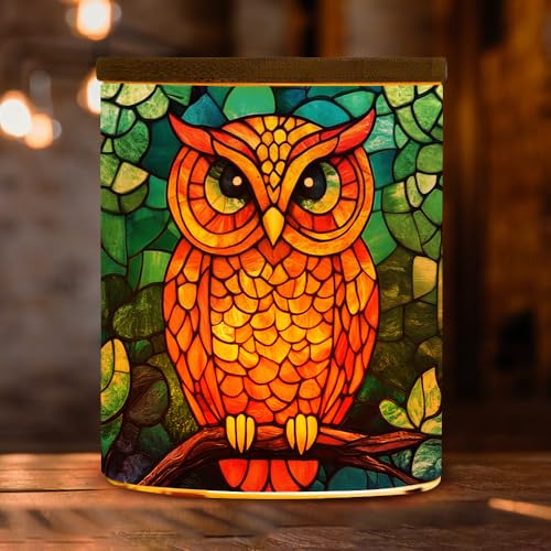 Stained Glass Owl Tea Light Candle Holder with Bamboo Lid, Animal Decorations Light Glass Tealight Holder, LED Candle Tealight Jar for Birthday,Wedding,Home Decor - color: Owl