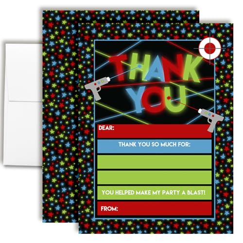 Laser Tag Theme 10 Birthday Thank You Notes 4"x5.5" Fill-In Cards with Envelopes, Boys Party Stationery Set, Fun Neon Glow Laser Beam Design for Kids Gifts, Made in USA by Amanda Creation - style: Laser Tag