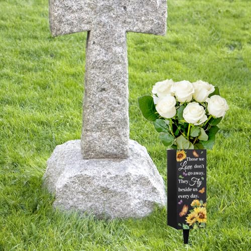 WEBEEDY Sunflower Butterfly Cemetery Vase Metal Grave Vases with Spike, Memorial Vase Grave Ornaments Condolences Sympathy Gifts for Loss of Loved One Memorial Day, 1pc, 3.1x7.9 Inch