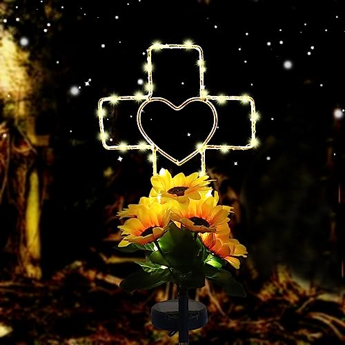 Lmtocs Solar Cross Cemetery Decorations for Grave, Memorial Sympathy Gift for Loss of Loved One Mom Dad, Grave Decorations for Birthday in Heaven Mother Day Fathery Day Memrial Christmas - color: Heart-Sunflower