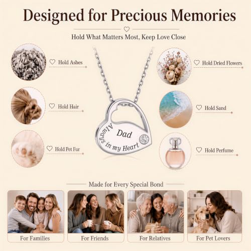 S925 Sterling Silver Heart Urn Necklace Memorial Ashes Keepsake Jewelry - style: Dad