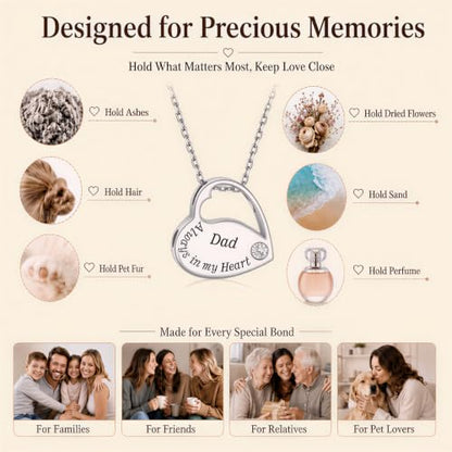 S925 Sterling Silver Heart Urn Necklace Memorial Ashes Keepsake Jewelry - style: Dad