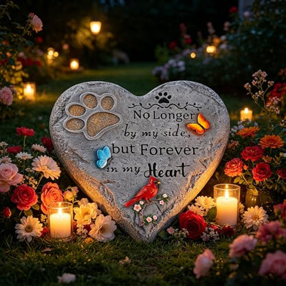 Pet Memorial Stone for Cats Dog Remembrance Gift with Paw Print | Pet Grave Markers Heart-Shaped Resin Dog Loss Sympathy Gift 6 inch with Cardinal and Butterfly