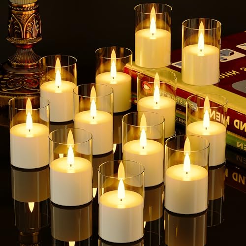 VIODAIM 12Pack Flickering Flameless LED Candles with Timer, Battery Powered - Small Pillar & Votive, Clear (2"X3") | Small Pillar & Votive Candle with Realistic Flickering Warm Glow for Centerpieces, Wedding Tables, Holiday, and Home Decor - color: Clear,