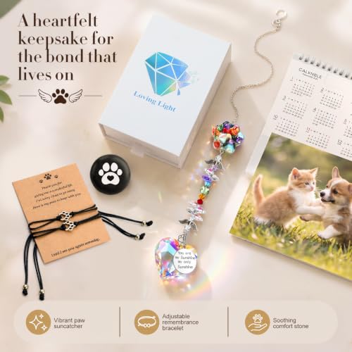 Junkin Pet Memorial Gifts for Loss of Dog Cat Sympathy Gift Set with Rainbow Bridge Paw Suncatcher, Paw Bracelet and Comfort Stone Remembrance Keepsake for Pet Lovers Friends Family