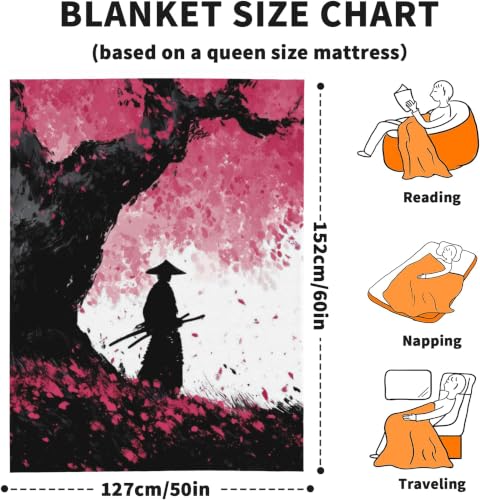 Japanese Cherry Blossom Throw Blanket, Flannel Blankets for Couch 50"×60" - color: Japanese Cherry Blossom Samurai