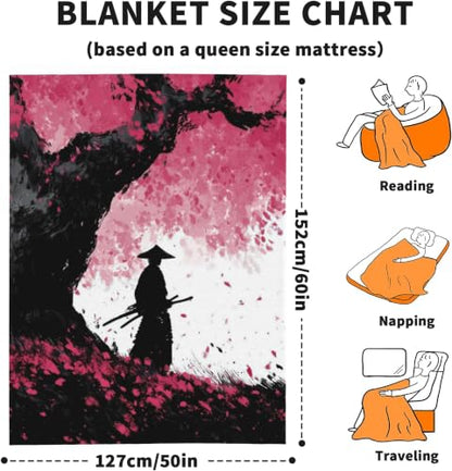 Japanese Cherry Blossom Throw Blanket, Flannel Blankets for Couch 50"×60" - color: Japanese Cherry Blossom Samurai