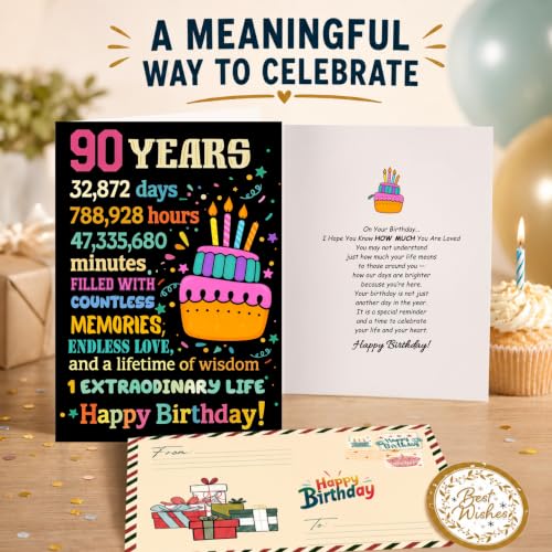 90th Birthday Card, 90th Birthday Card for Women Men with Seal and Envelope, 90 Year Old Birthdayy Cards for Mom Dad Grandma Grandpa from Daughter Son Granddaughter Grandson - color: 90th