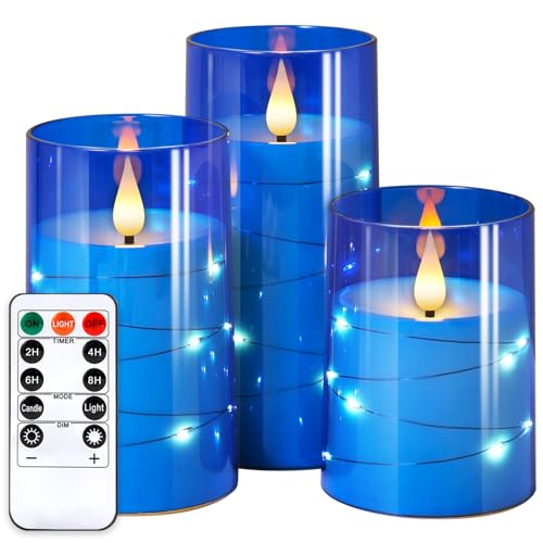 NURADA Flickering Flameless Candles: 3D Wick Built-in Star String Lights Acrylic Unbreakable Battery Operated LED Pillar Candles with Remote and Timer - 3 Pack for Wedding Valentine's Day Decor - color: Blue, size: 4-5-6 inches