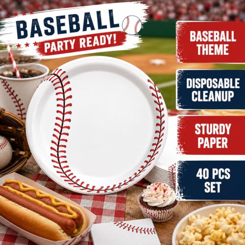 40 Pcs Baseball Plates and Napkins Set, Large 9 Inch Party Plates - color: Baseball