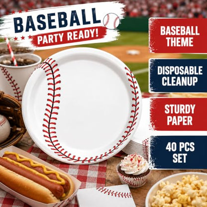 40 Pcs Baseball Plates and Napkins Set, Large 9 Inch Party Plates - color: Baseball