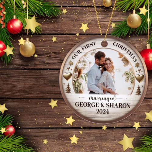Personalized Our First Christmas Married Keepsake - Custom Photo Ornament for Engaged Couples - Customized Name and Text Engagement Keepsake - color: Our First Christmas Married