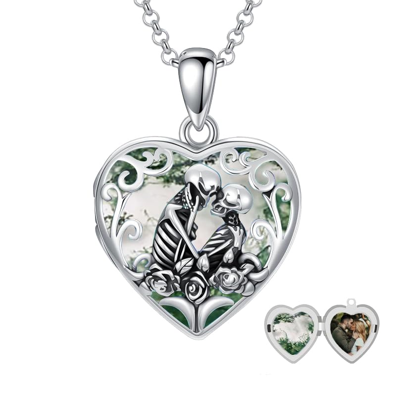 Personalized Heart Locket Necklace That Holds Pictures 925 Sterling Silver Custom Photo Lockets Necklaces Jewelry Gifts for Family Women Lover - color: Skull-Moss Agate, style: Locket Only