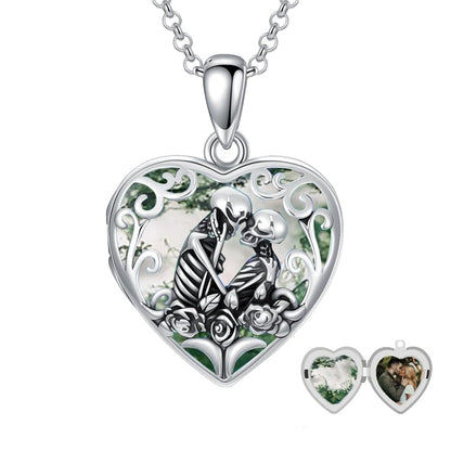 Personalized Heart Locket Necklace That Holds Pictures 925 Sterling Silver Custom Photo Lockets Necklaces Jewelry Gifts for Family Women Lover - color: Skull-Moss Agate, style: Locket Only