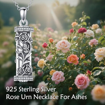 925 Sterling Silver Urn Necklace for Ashes, Teardrop/Tree of Life/Sunflower/Dragonfly/Sea Turtle/Celtic Knot/Elephant/Hummingbird Memorial Cremation Pendant Necklaces for Animal Human Ashes - color: H: Rose Flower