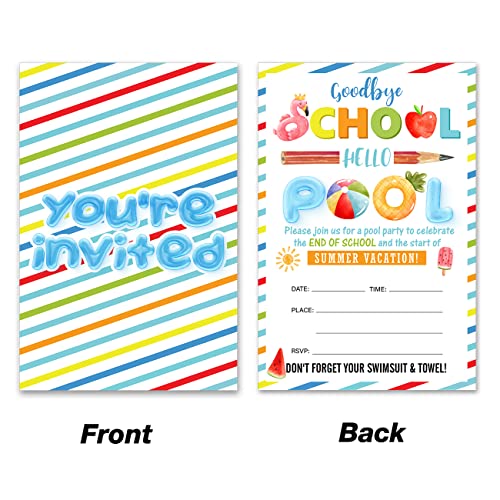 Bifez End of School Pool Party Invitations Summer Goodbye School Hello Pool Invites Fill-in Invitations With Envelopes, Set of 20