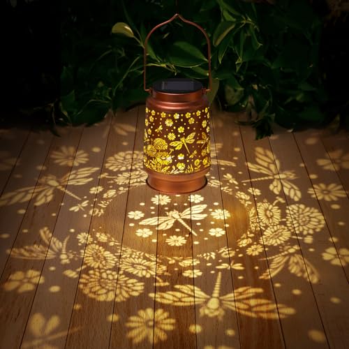 2 Pack Dragonfly Solar Lanterns Outdoor Waterproof Daisy Garden Decor Birthday Gifts for Women Mom Grandma Hanging Solar Lights Metal Lantern Decoration Outside for Porch,Patio,Yard,Backyard - style: P. 2 Pack Dragonfly Lantern