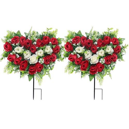 Lodou 2 Sets Artificial Cemetery Flowers, Grave Memorial Flowers with Ground Spike,Heart Shaped Wreaths Rose Flowers for Artificial Rose Decoration for Cemetery Headstones Gravesites (red) - color: Red