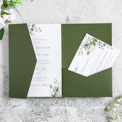 20Pcs 5.12x7.09 inch Tri-fold Wedding Invitation Cards for Quinceanera Bridal Shower Baby Shower Party Invite (Olive Green) - color: Olive Green