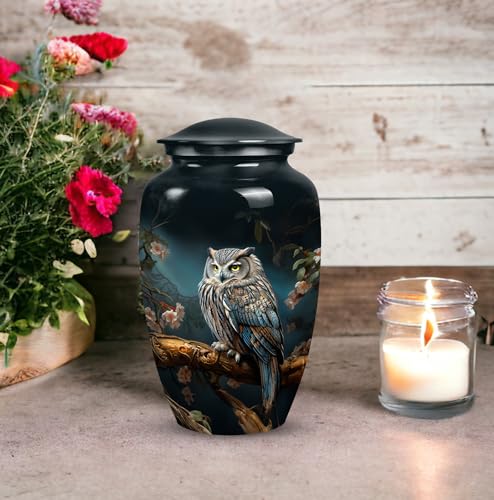Owl Urn - Burial Urns for Adult Human Ashes - Urn with Flowers - Urns for Human Ashes Adult Female - Large Decorative Urn - Urns for Women Human Ashes - Funeral Ashes Container (Size -10Inch)
