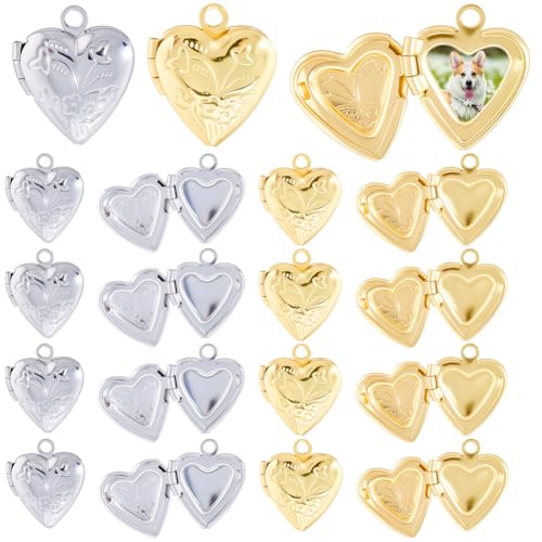 SUNNYCLUE 20Pcs 2 Colors Picture Frame Charms Gold Locket Charm Bulk Brass Metal Openable Love Heart Shaped Memorial Pendants for Jewelry Making Necklace Earrings Keychain Bag Wedding Bouquet Crafts