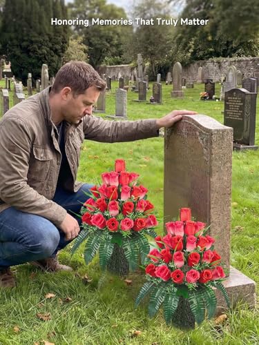 Mirevielyn 2-Pack 24-Stem Artificial Rose Cemetery Flowers with Vases - color: Red (Vivid Tribute)