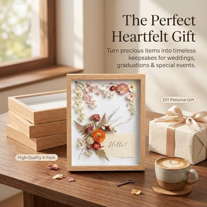 4 Pack Shadow Box Frame Display Cases, 8"x 10" Wood Deep Black Handicrafts Shadowbox for Flowers Jersey Wedding (Burlywood) - color: Burlywood