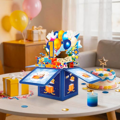 GREETING ART Happy 1st Birthday Pop Up Card,Funny Guitar Ballons Box Themed - color: 1st