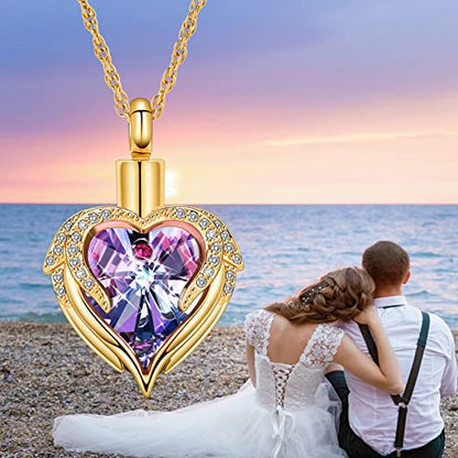 shajwo Angel Wing Heart Urn Necklace for Ashes - color: Gold-Purple