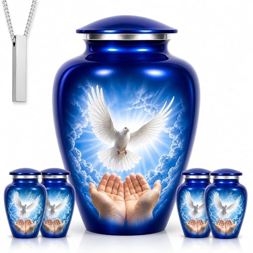Family Tribute Eco-Friendly Peaceful Blue Dove Urn Set – Beautiful Large Urn for Ashes for Adults (220lbs) with 4 Keepsake Mini Urns & 1 Memorial Necklace - color: Premium Urn Set