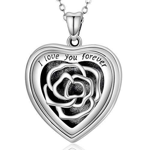 SOULMEET Personalized Silver Locket Necklace That Holds Pictures Photo Keep Someone Near to You, Memorial Custom Lockets Necklaces Letters Engraving for His Her - color: B-Rose-Black, style: Locket Necklace Only