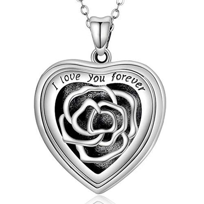 SOULMEET Personalized Silver Locket Necklace That Holds Pictures Photo Keep Someone Near to You, Memorial Custom Lockets Necklaces Letters Engraving for His Her - color: B-Rose-Black, style: Locket Necklace Only