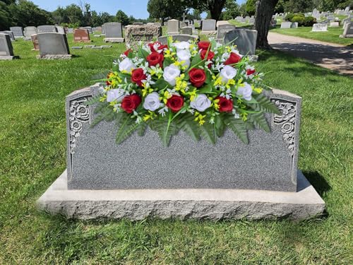 LVXINLI Artificial Cemetery Flowers Saddle-Shaped Tombstone Decorations Non-Fading UV-Resistant （Red and White Saddle - color: Red and White Saddle