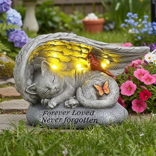 Cat Memorial Stones with Solar Angel Wing Cardinal Butterfly 8 Inch | Sleeping Cat Grave Markers Outdoor Waterproof Pet Loss Sympathy Gift for Garden or Tombstone Statue - color: Cat Angel Wing